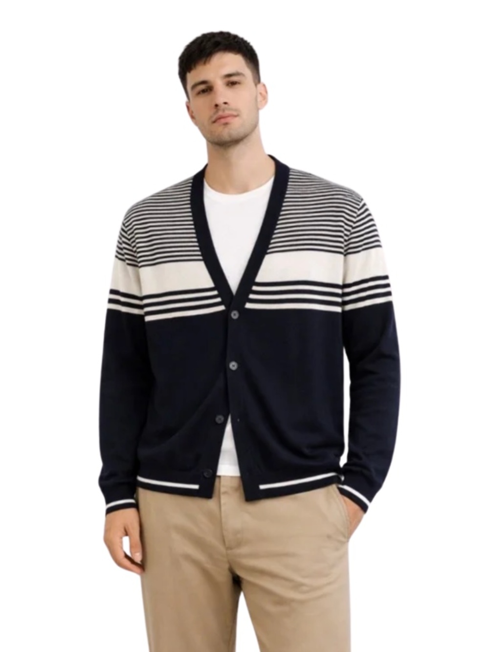 21Men Striped Navy & White Striped Button Up Cardigan – Size Large GUC